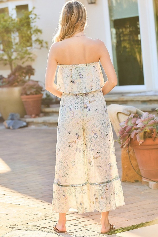 Tube-Top Ruffle-Waist Jumpsuit with Lace Trim – Light Sage