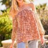 Terracotta Halter-Neck Floral Top with Balloon Sleeves