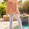 Terracotta Halter-Neck Floral Top with Balloon Sleeves