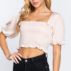 Elbow Sleeve Woven Top with Smocked Neck & Ruffle – Champagne