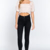 Elbow Sleeve Woven Top with Smocked Neck & Ruffle – Champagne