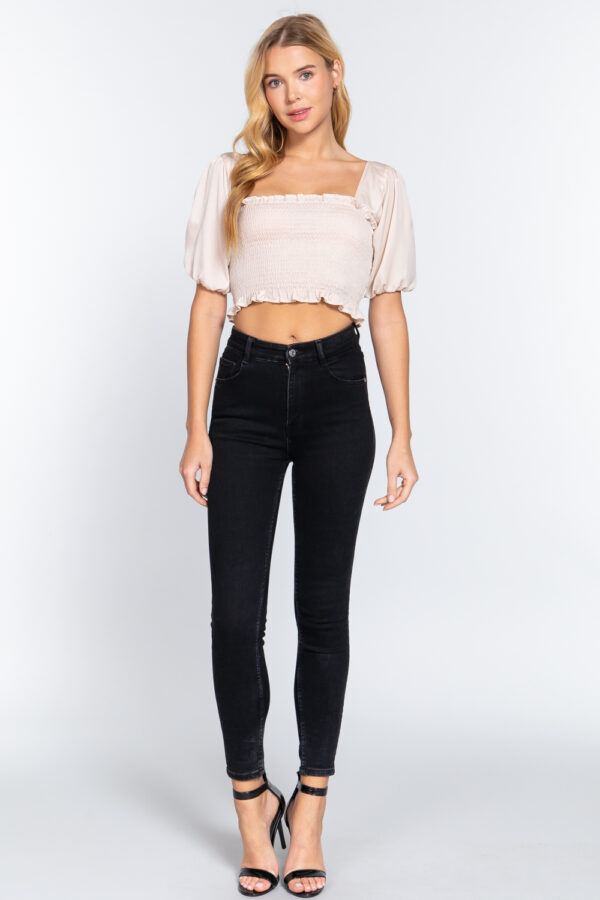 Elbow Sleeve Woven Top with Smocked Neck & Ruffle – Champagne