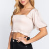 Elbow Sleeve Woven Top with Smocked Neck & Ruffle – Champagne
