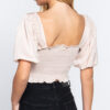 Elbow Sleeve Woven Top with Smocked Neck & Ruffle – Champagne