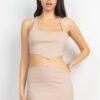 Asymmetrical Cross-Back Top & Skirt Set – Light Taupe