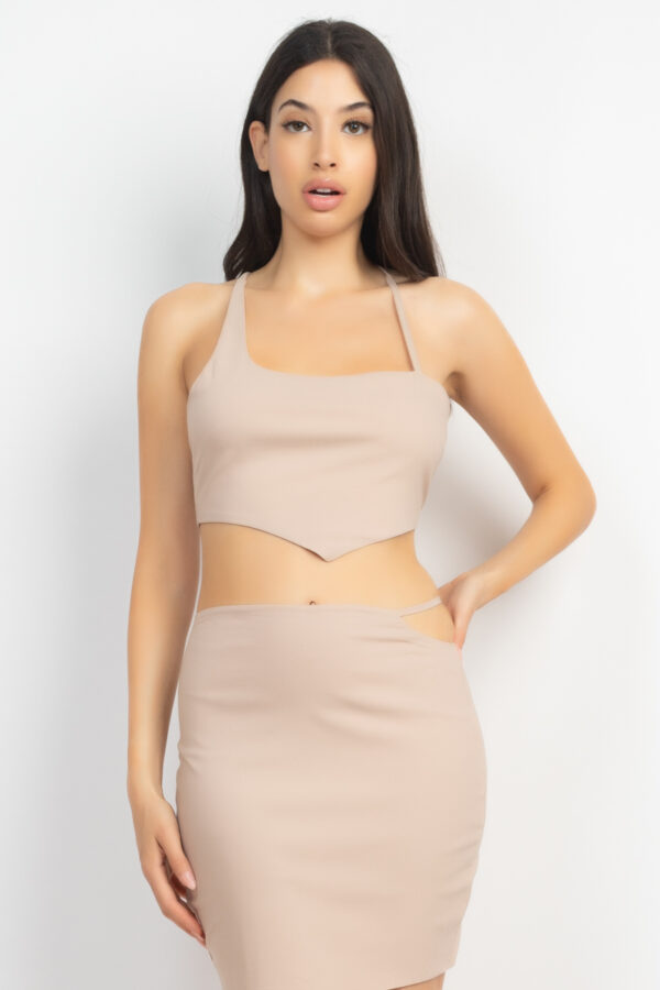 Asymmetrical Cross-Back Top & Skirt Set – Light Taupe