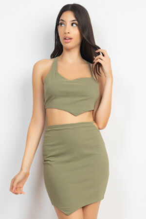 Asymmetrical Cross-Back Top & Olive Mini Skirt Set
