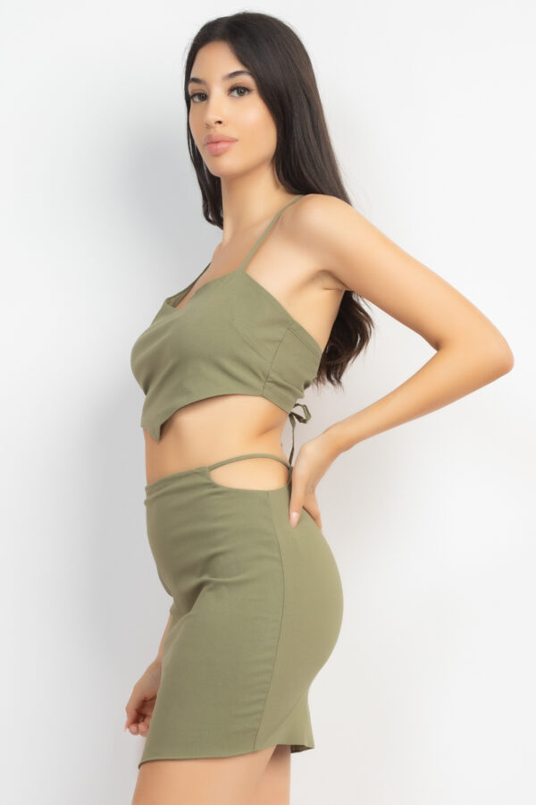 Asymmetrical Cross-Back Top & Olive Mini Skirt Set