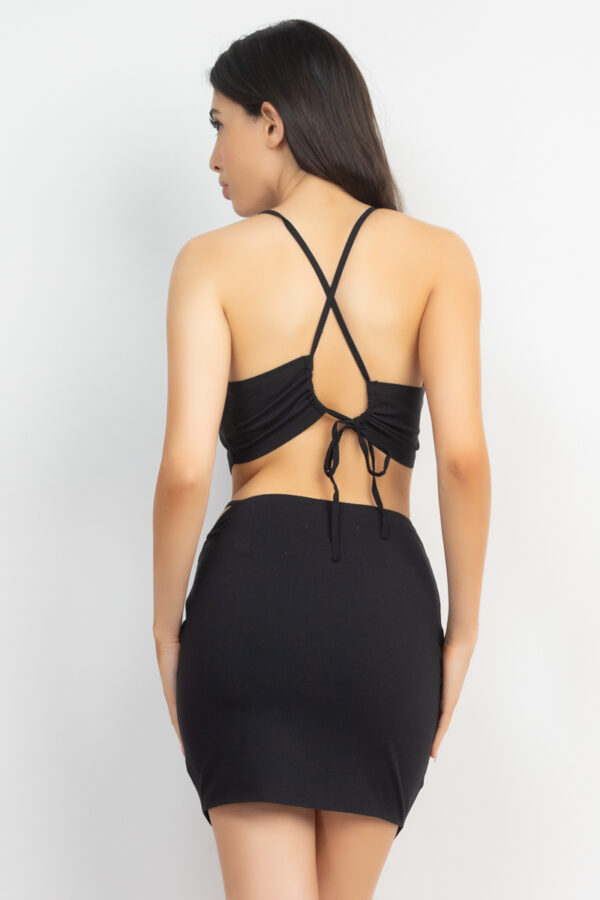 Asymmetrical Cross-Back Crop Top & Skirt Set – Black