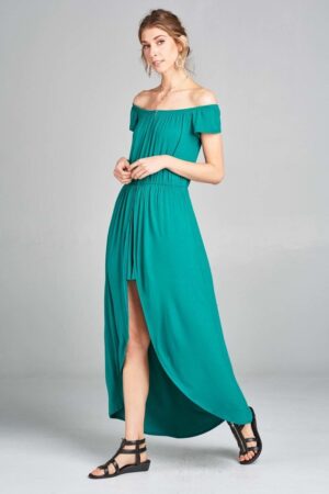 Off-Shoulder Romper Maxi with Draped Overlay – Emerald