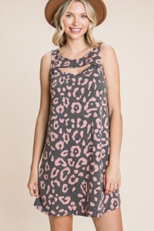 Animal Print Tunic Dress with Cut-Out Neckline – Black