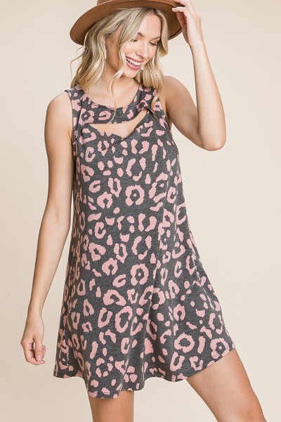 Animal Print Tunic Dress with Cut-Out Neckline – Black