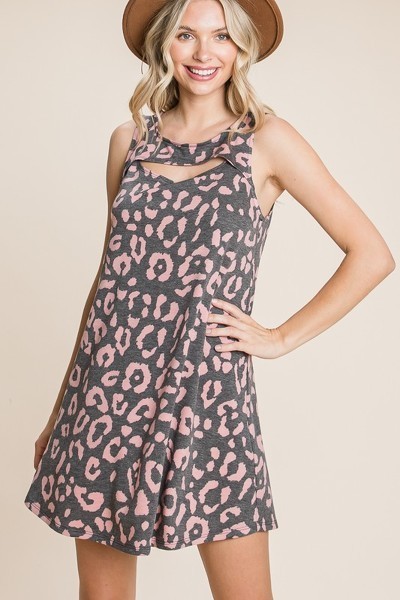 Animal Print Tunic Dress with Cut-Out Neckline – Black