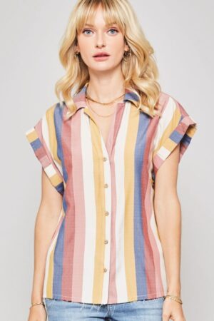 Multicolor Striped Woven Shirt with Frayed Hem – Navy/Mauve