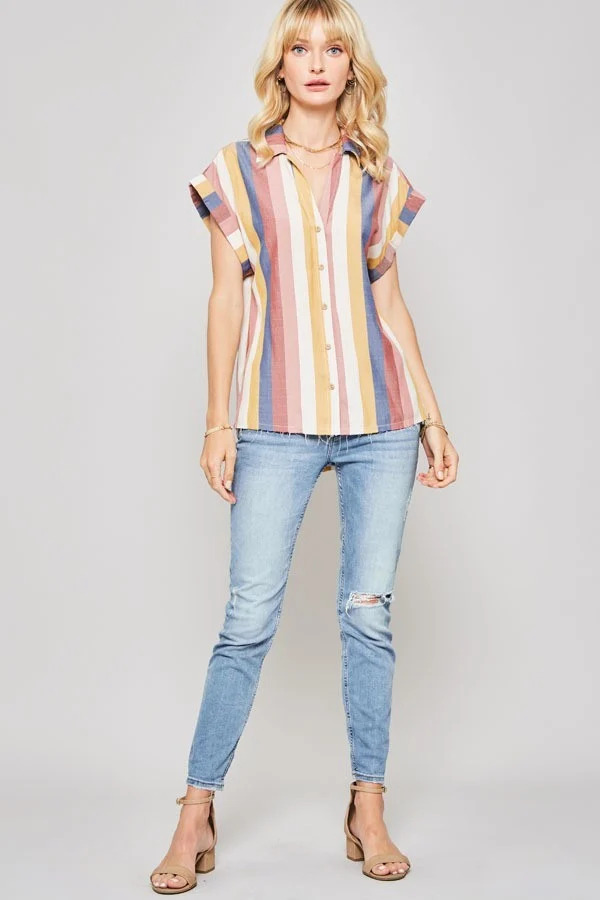 Multicolor Striped Woven Shirt with Frayed Hem – Navy/Mauve