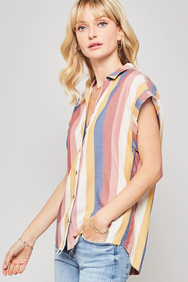 Multicolor Striped Woven Shirt with Frayed Hem – Navy/Mauve