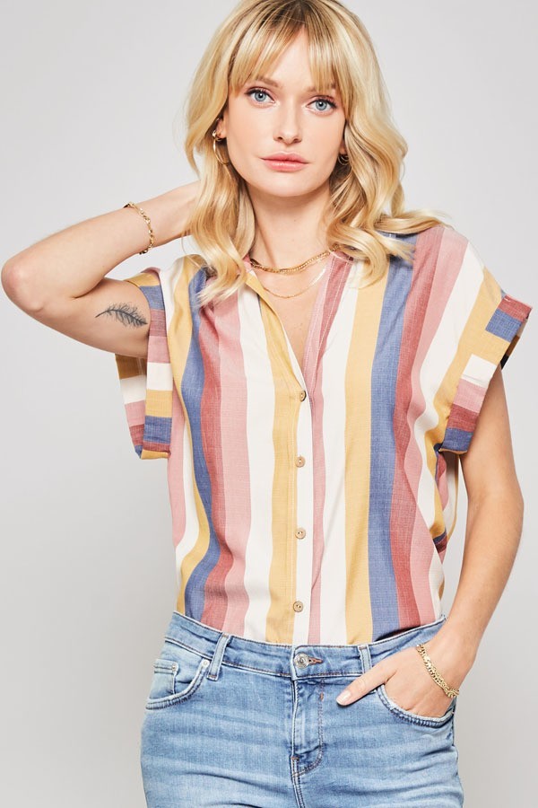 Multicolor Striped Woven Shirt with Frayed Hem – Navy/Mauve