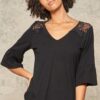 Floral Eyelash Lace Knit Top with Deep V Yoke – Black