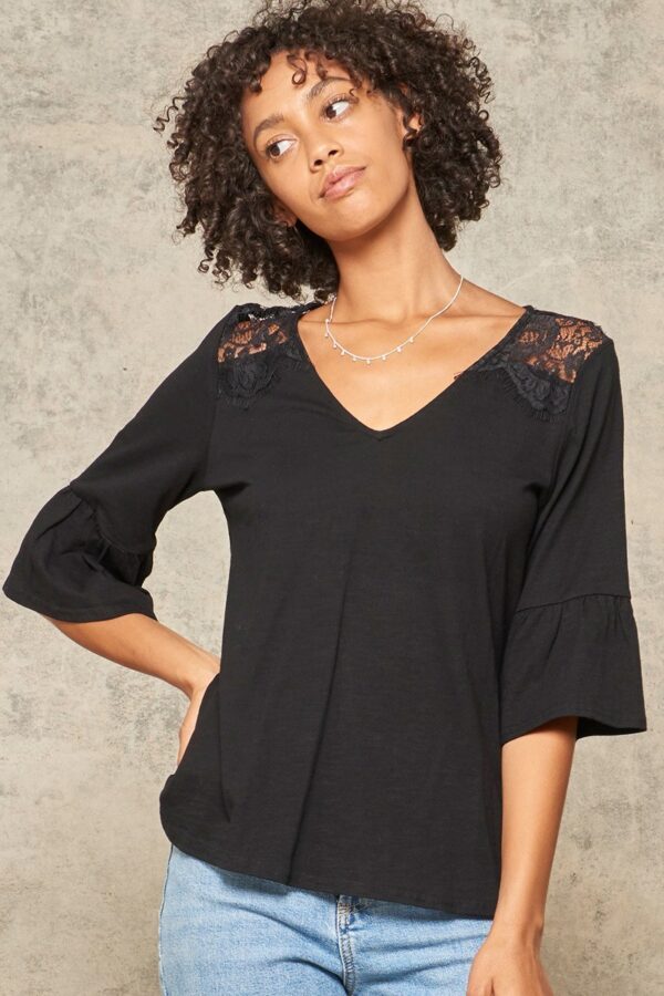 Floral Eyelash Lace Knit Top with Deep V Yoke – Black