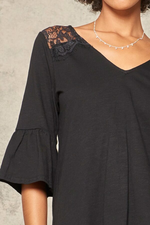 Floral Eyelash Lace Knit Top with Deep V Yoke – Black