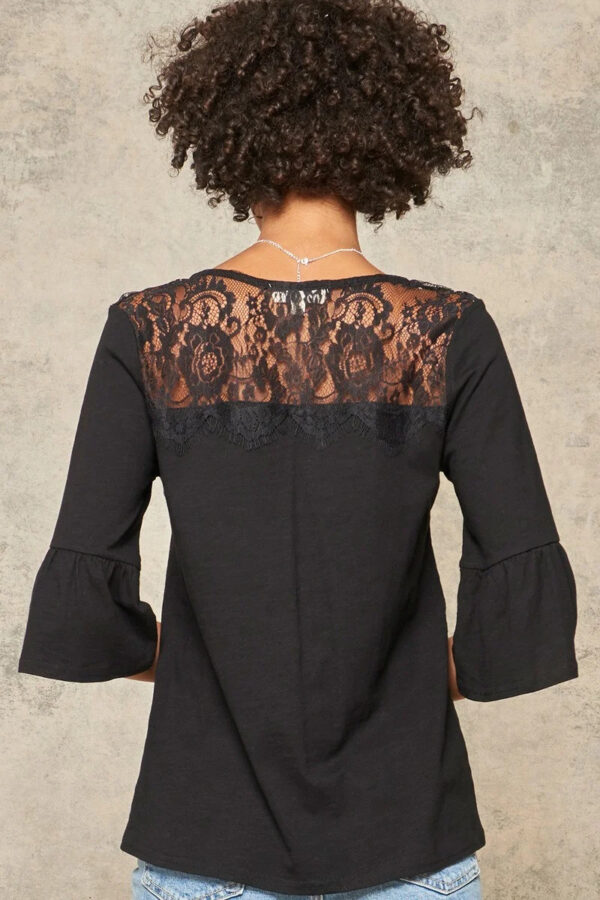 Floral Eyelash Lace Knit Top with Deep V Yoke – Black