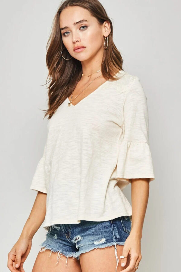 Knit Top with Deep V & Lace Yoke – Vanilla