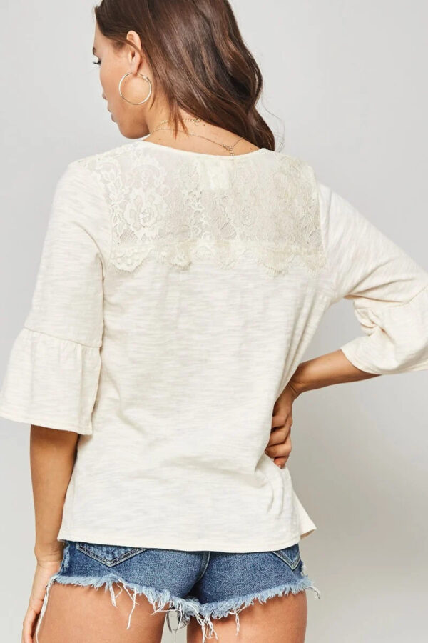 Knit Top with Deep V & Lace Yoke – Vanilla