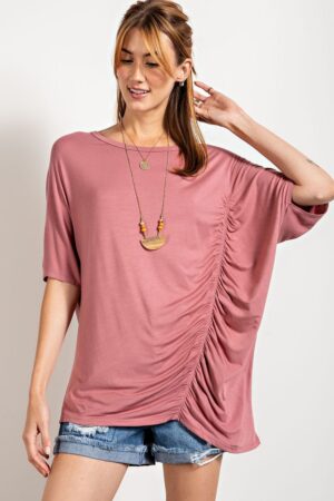 Loose-Fit Boat Neck Top with Side Ruching – Mauve