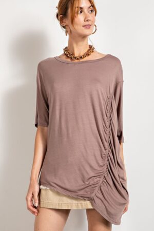 Loose-Fit Ruched Tunic Top with Boat Neck – Mocha