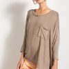 Washed Rounded-Neck Top with Chest Pocket – Mushroom