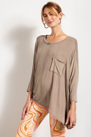 Washed Rounded-Neck Top with Chest Pocket – Mushroom
