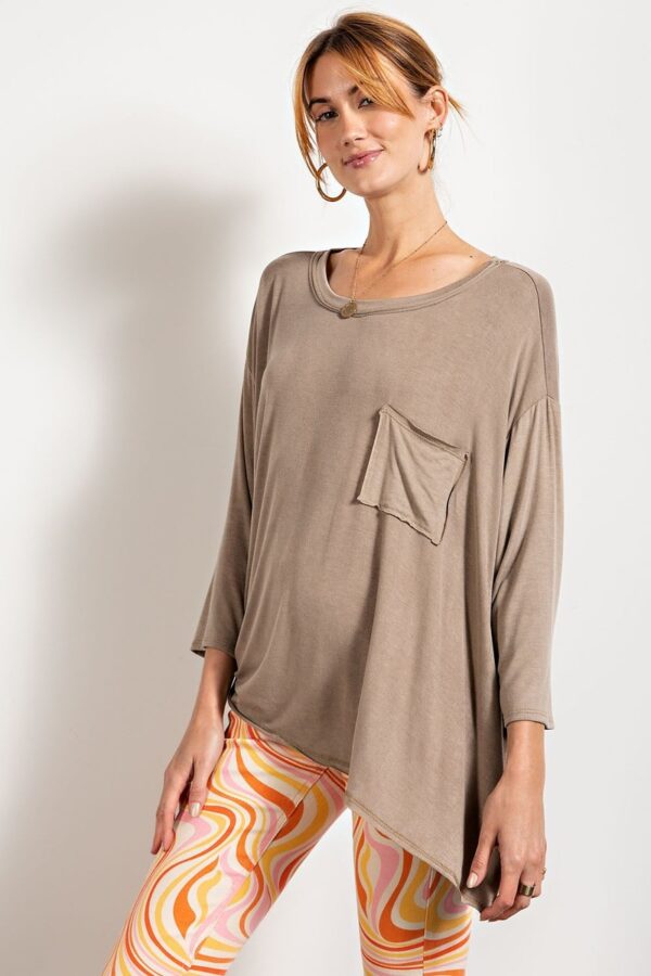 Washed Rounded-Neck Top with Chest Pocket – Mushroom