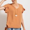 V-Neck Woven Top with Ruffled Wing Sleeves – Camel
