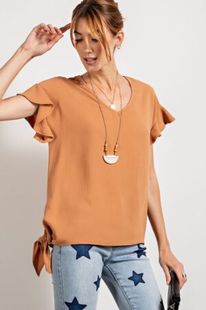 V-Neck Woven Top with Ruffled Wing Sleeves – Camel