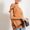 V-Neck Woven Top with Ruffled Wing Sleeves – Camel
