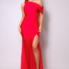 One-Shoulder Draped Maxi Dress with Side Slit – Red