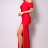 One-Shoulder Draped Maxi Dress with Side Slit – Red