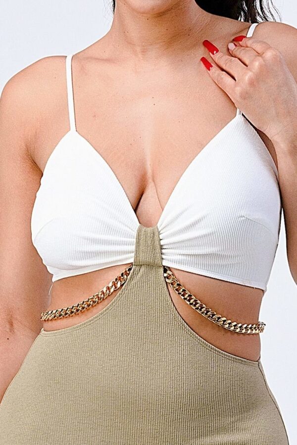 Bralette Side-Cut Bodycon Mini Dress with Gold Chain Back – Ivory/Olive