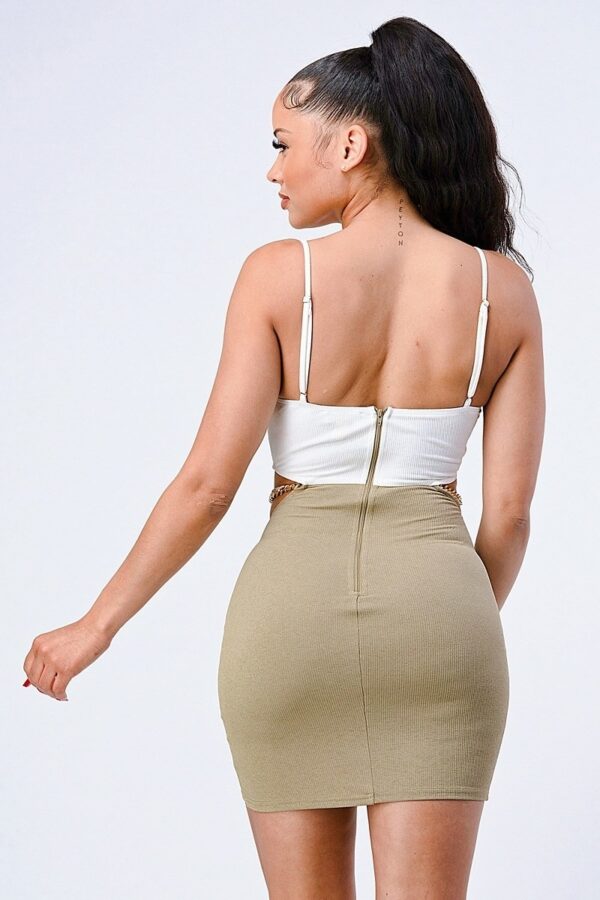 Bralette Side-Cut Bodycon Mini Dress with Gold Chain Back – Ivory/Olive