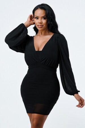 Mesh-Lined V-Neck Bodycon Dress with Bubble Sleeves – Black