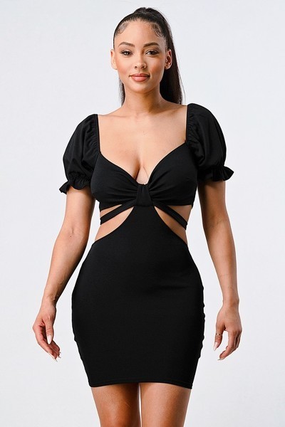 Bodycon Dress with Side Cutouts and Back Tie – Black