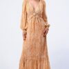 Printed V-Neck Ruffled Maxi Dress – Side Cutouts, Yellow
