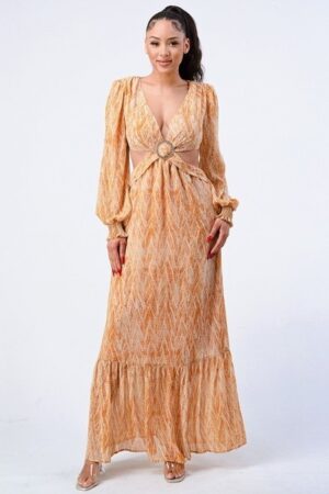 Printed V-Neck Ruffled Maxi Dress – Side Cutouts, Yellow