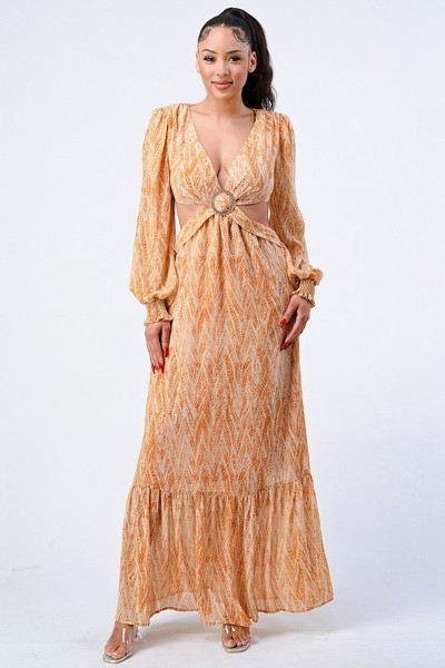 Printed V-Neck Ruffled Maxi Dress – Side Cutouts, Yellow