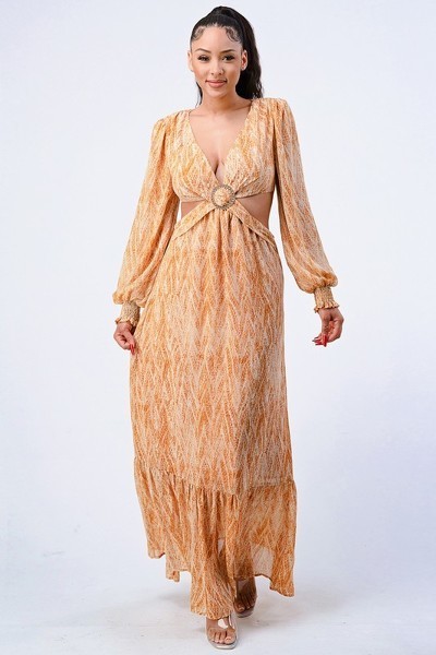 Printed V-Neck Ruffled Maxi Dress – Side Cutouts, Yellow