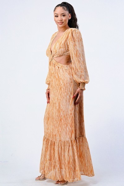Printed V-Neck Ruffled Maxi Dress – Side Cutouts, Yellow