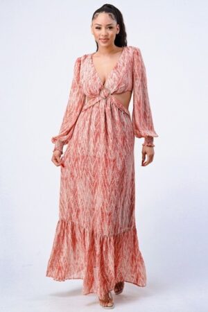 Printed V-Neck Maxi Dress – Side Cut-Out & Ruffle, Terracotta