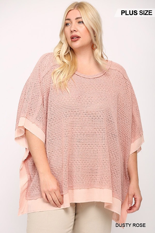 Plus Size Boxy Mixed-Knit Top with Poncho Sleeve – Dusty Rose