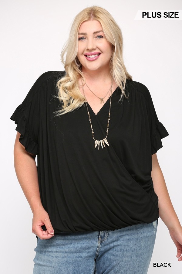 Plus Size Viscose Surplice Top with Ruffle Sleeve – Black