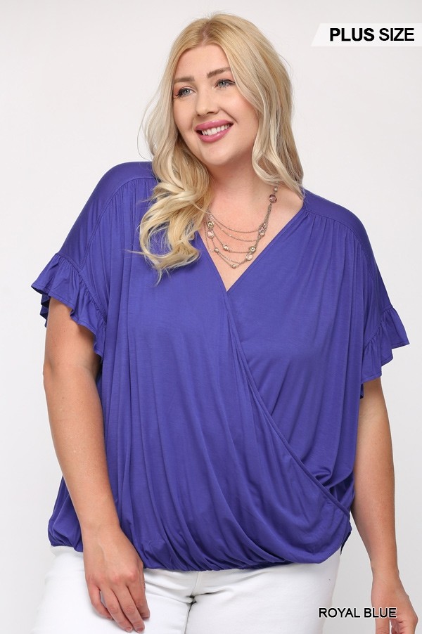 Plus Size Surplice Viscose Top with Ruffle Sleeve – Royal Blue